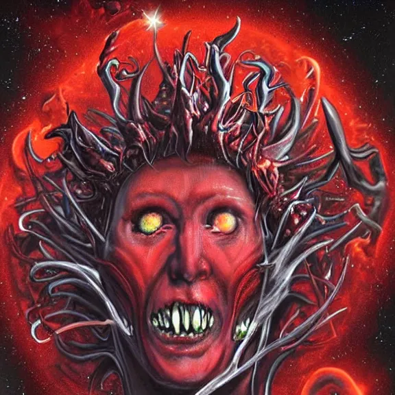 Prompt: a realistic photograph of a cosmic deity of chaotic blood wars embodied in the offspring of evil gods incarnate so they may feed on the broken souls of the empty shells of the created humans made for one thing but to be soulfood for the wicked damn