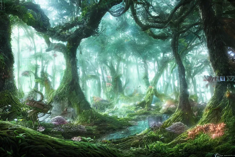 Image similar to fairy kingdom forest, miyazaki, nausicaa, hyper realistic, ambient lighting, concept art, intricate, hyper detailed, smooth, dynamic volumetric lighting, octane, raytrace, cinematic, high quality, high resolution, 4 k, cgsociety