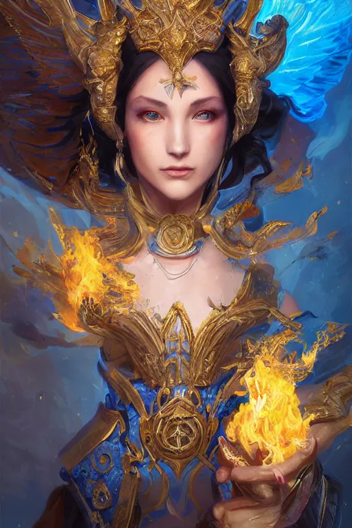 Image similar to beautiful princess with face covered with fire, king sorcerers, ornate, blue and silver, armor, robes, diamonds, angel, fantasy, yellow background beam, dramatic lighting, highly detailed, digital painting, magic the gathering, 3 d render, hyper realistic detailed portrait, peter mohrbacher, wlop, ruan jia