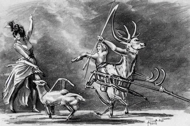 Image similar to Vintage, beautiful, sketch of the goddess artemis aiming a bow at a robot deer.