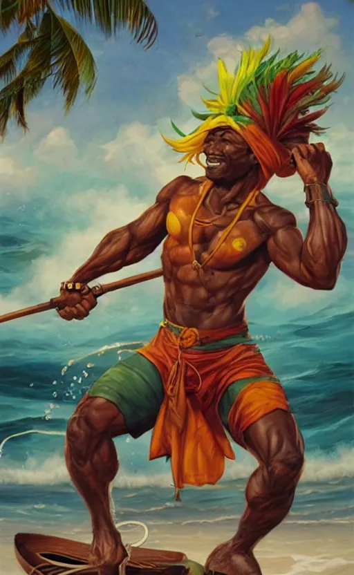 Image similar to character concept of a singular Jamaican fisherman posing in a battle stance in the Jamaican sea, colors of Jamaica, by Ross Tran and Artgerm and Peter Mohrbacher