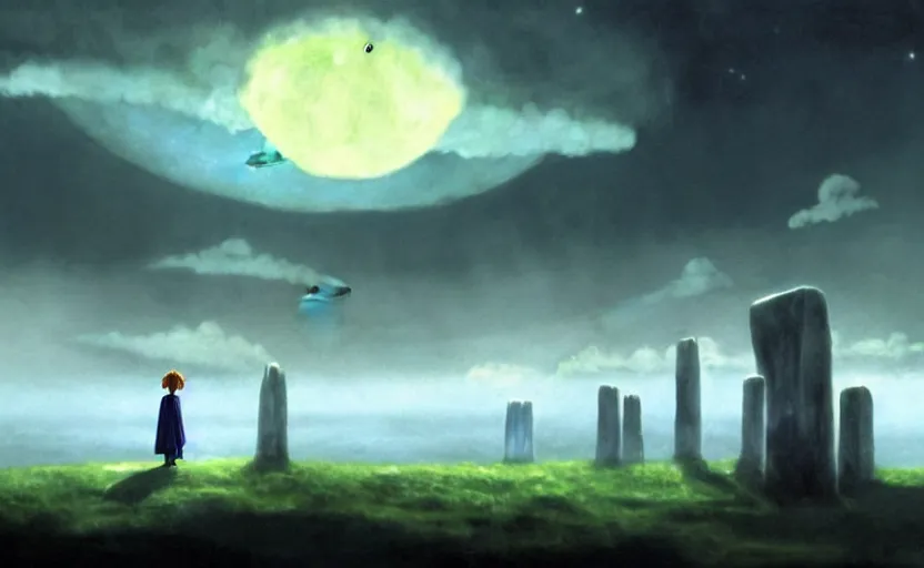 Prompt: a realistic and atmospheric cell - shaded concept art from howl's moving castle ( 2 0 0 4 ) of a ufo in the sky. a grey monk is standing in a futurist sci - fi city that looks like stonehenge in a flooded rainforest. it is a misty starry night. very dull muted colors, hd, 4 k, hq