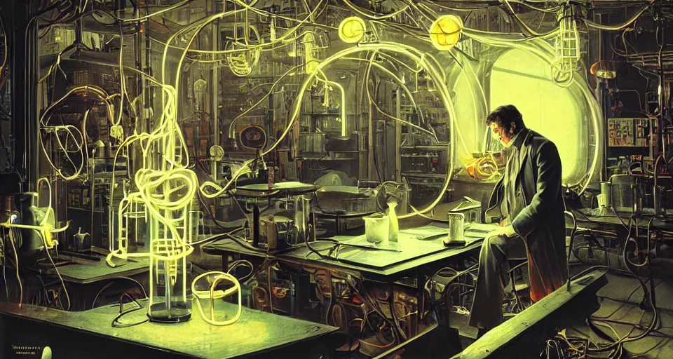 Prompt: nikolai tesla in his lab, electrical arcs, magical sparks, large glowing light bulbs, neon glow, highly detailed, digital art, intricate, dramatic lighting, retro futuristic, neon colors, cinematic, art by norman rockwell, greg rutkowski, james gurney, artgerm