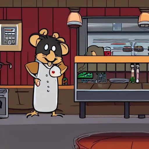 Image similar to A rat working as a chef in a run down New York City diner, High Definition Animated Still