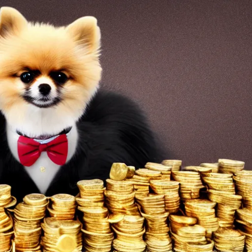 Image similar to A Pomeranian wearing a top-hat and monocle while sitting on a pile of gold coins