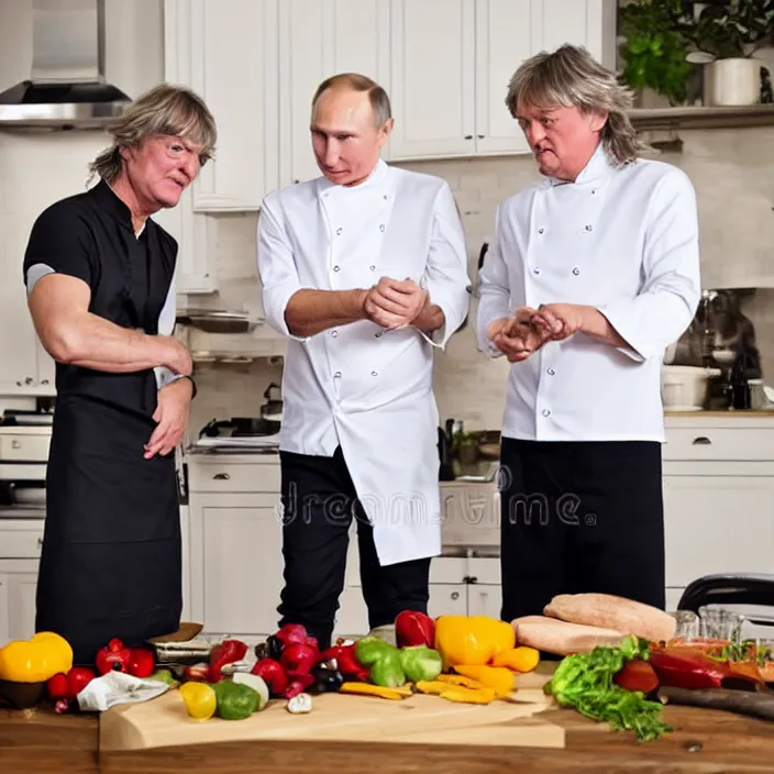 Image similar to vladimir putin and james may in white apron in kitchen cooking dinner. stock photo, high key lighting, photograph