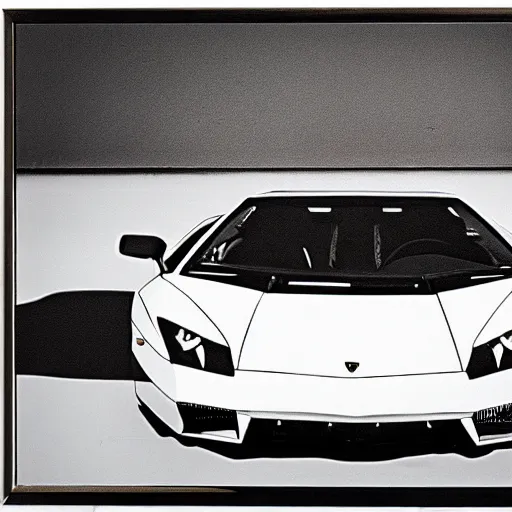 Image similar to a portrait of a Lamborghini, made by Andy Warhol, two tone, very high contrast, only black and white, simplistic, extremely high contrast, two tone, notan art, by Andy Warhol, minimalistic,