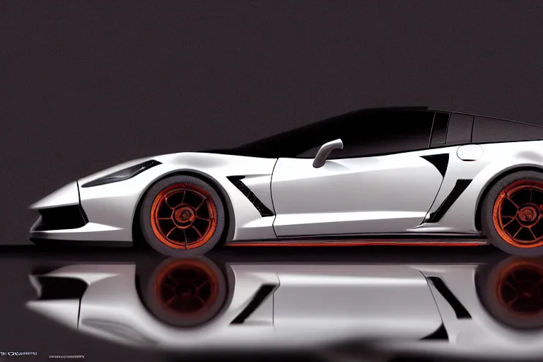 Prompt: closeup!! macro photo of concept corvette super car on a reflective black floor, hyper detailed, smooth, high contrast, volumetric lighting, octane, jim lee, giorgetto giugiaro, craig mullins, ian callum!, vibrant rich deep color