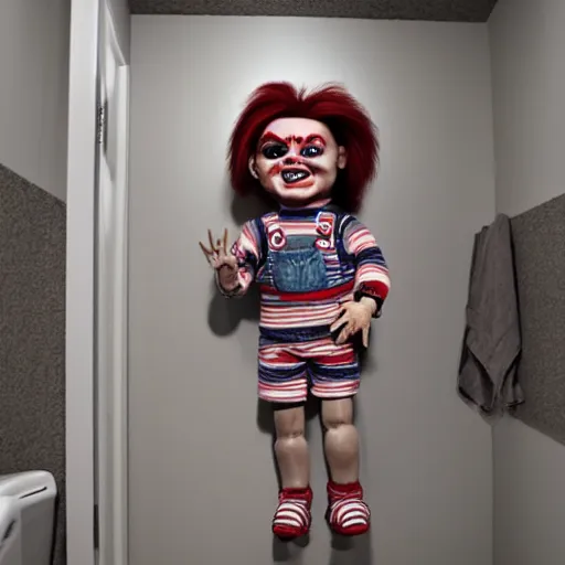 Prompt: chucky the killer doll standing in the bathroom