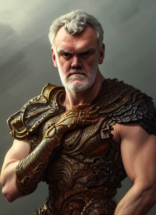 Image similar to portrait of greg davies, d & d, muscular! fantasy, intricate, elegant, highly detailed, digital painting, artstation, concept art, smooth, sharp focus, illustration, art by artgerm and greg rutkowski and alphonse mucha