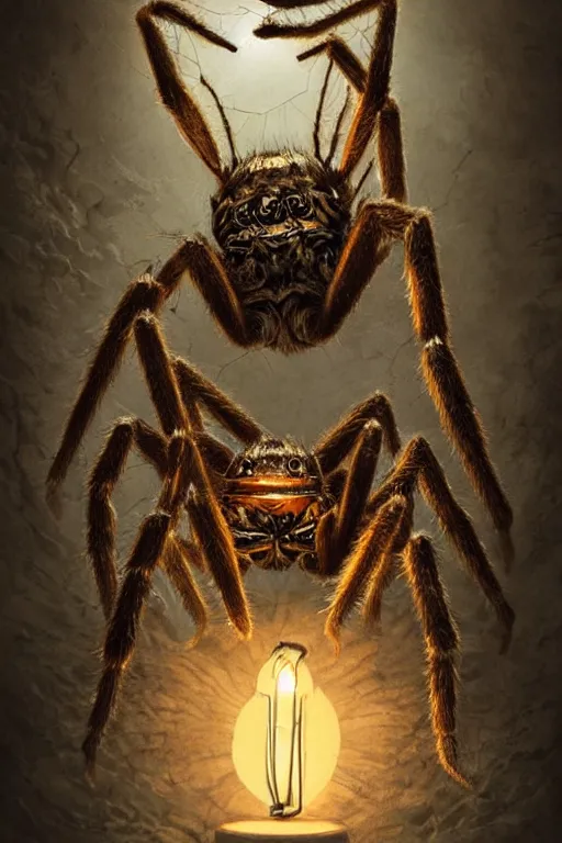 Prompt: a close - up view of an old - fashioned explorer facing the viewer and holding a lamp in front of him, with an enormous monstrous spider right behind, dramatic lighting, low angle, wide angle, creepy, horrific, realistic, fantasy art, highly detailed digital art