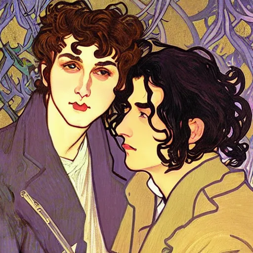 Image similar to painting of young cute handsome beautiful dark medium wavy hair man in his 2 0 s named shadow taehyung and cute handsome beautiful min - jun together at the halloween! party, bubbling cauldron!, candles!, smoke, autumn! colors, elegant, wearing suits!, delicate facial features, art by alphonse mucha, vincent van gogh, egon schiele