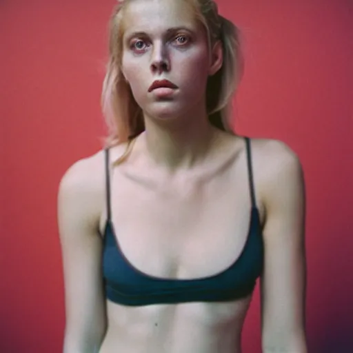 Image similar to realistic photoshoot for a new nike lookbook, color film photography, portrait of a beautiful blonde woman, in style of nan goldin, 35mm