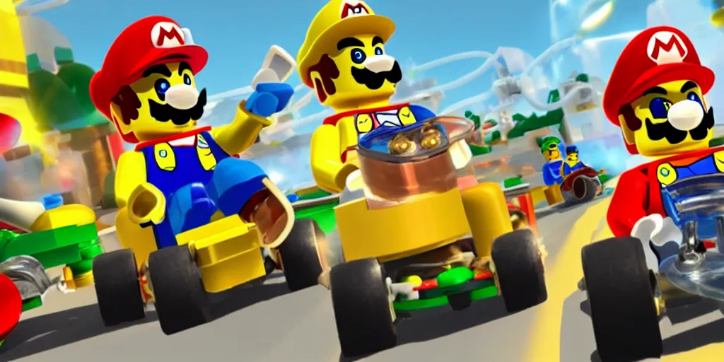 Prompt: still frame from lego mario kart