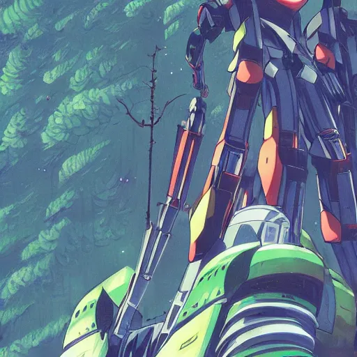 Image similar to close up pilot, looking up at giant mech, forest, key art, sharp lines, towering above a small person, aesthetic, anime, trigger, shigeto koyama, hiroyuki imaishi