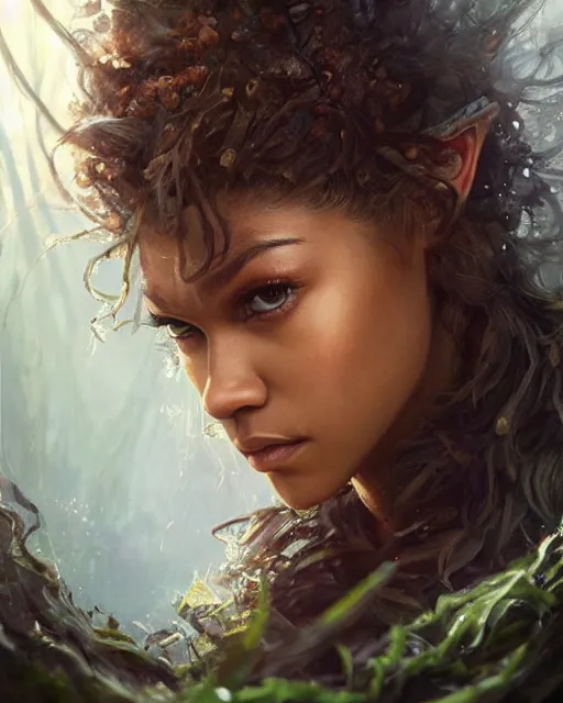 Image similar to zendaya as a fairy, hyper realistic face, beautiful eyes, fantasy art, in the style of greg rutkowski, intricate, hyper detailed, smooth