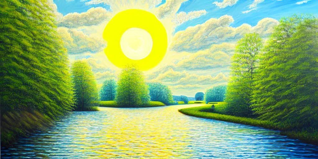 Image similar to A very detailed painting featuring a river in Europe surrounded by trees and fields. A rubber dinghy is slowly moving through the water. Sun is shining. minimalist painting