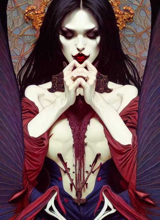 Image similar to hyper detailed ultra sharp painting of a elite vampire count. trending on artstation, warpaint aesthetic, darkwave, gothic, eerie, ornate, intricate, digital painting, concept art, smooth, sharp focus, illustration, art by artgerm and james jean, gilleard james and alphonse mucha, 8 k