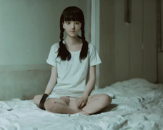 Image similar to a film still of lone anime girl in white tshirt is sitting on poor bed in pale colors room in dark russian flat, perfect faces, fine details, anime, cinestill
