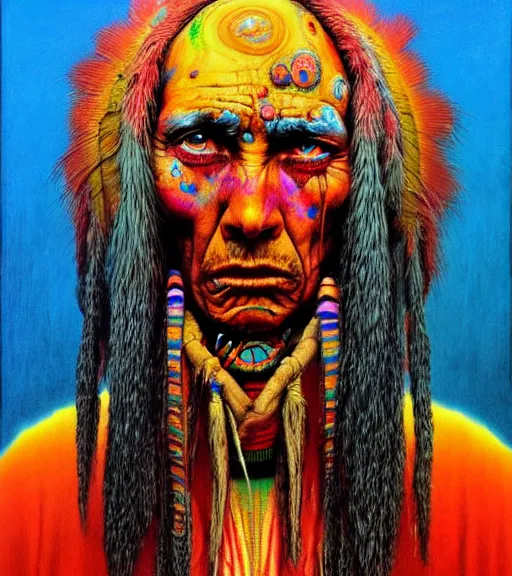 Image similar to Portrait painting in a style of Beksinski mixed with Alex Grey of an old shaman dressed in a colorful traditional clothes.