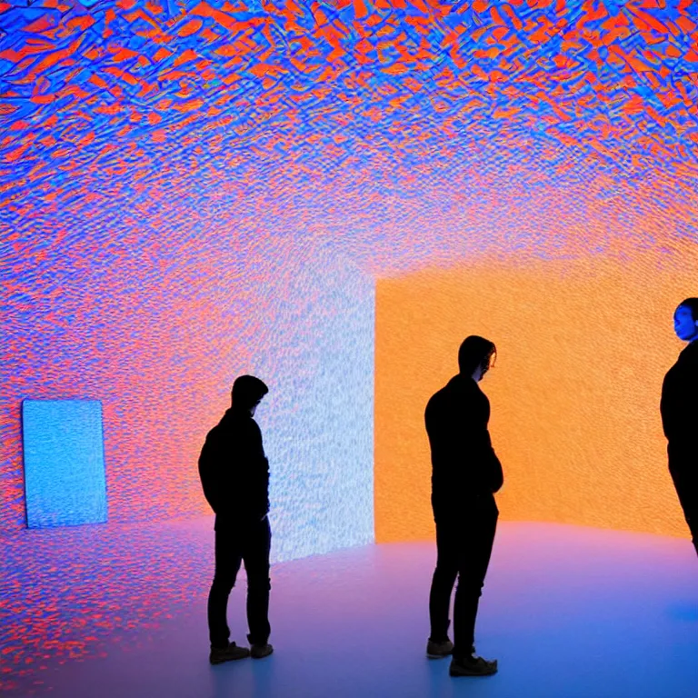 Prompt: conceptual artist performance of'blue and orange'gradient pattern colors light projection onto a convex mirror and a few giant human torsos in a cramped art gallery by james turrell, high contrast hyperrealism trending on arstation 8 k