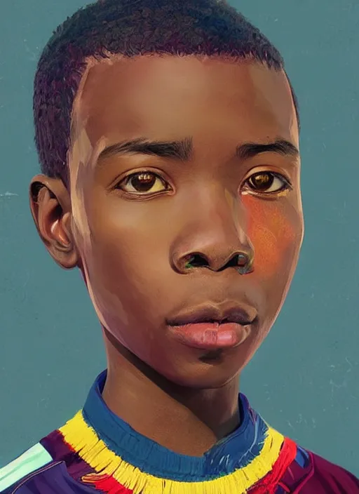 Image similar to colourful upper half portrait of an african boy with exaggerated facial features - art by aya takano & hsiao - ron cheng, highly detailed, caricature, digital painting, illustration, smooth, sharp focus, intricate, symmetry, pinterest, behance, artstation