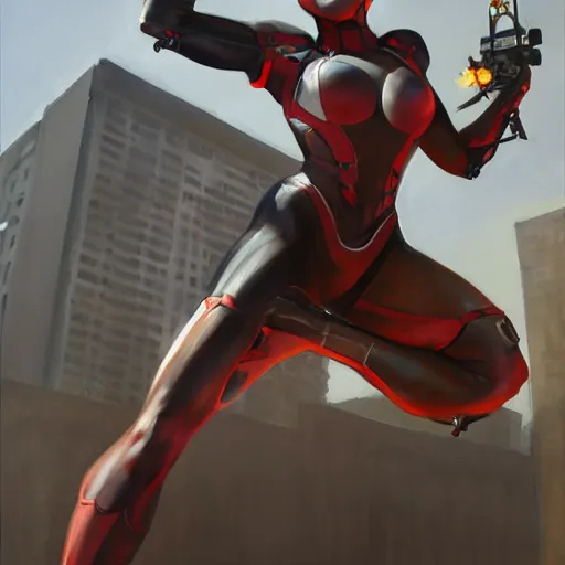 Image similar to greg manchess portrait painting of partially armored female iron spiderman as overwatch character, medium shot, asymmetrical, profile picture, organic painting, sunny day, matte painting, bold shapes, hard edges, street art, trending on artstation, by huang guangjian, gil elvgren, ruan jia, greg rutkowski, gaston bussiere