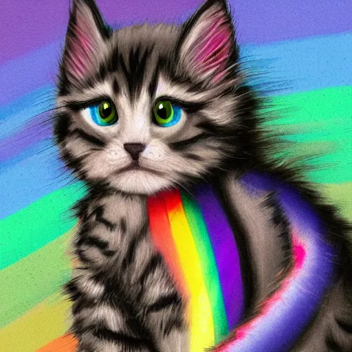 Image similar to wide angle full body, of a fluffy cute rainbow kitten wearing a black motorcycle jacket, concept art