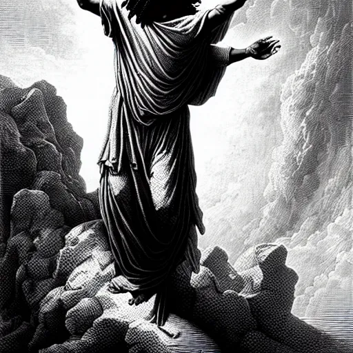 Prompt: cheef keef ascending into heaven holding double cup of lean, biblical image, style of gustave dore, highly detailed, beautiful, high contrast, black and white