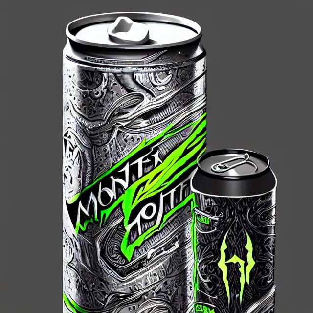 Image similar to aluminian can of monster energy drink, intricate and elegant, highly detailed, digital painting, artstation, concept art, smooth and sharp focus, illustration