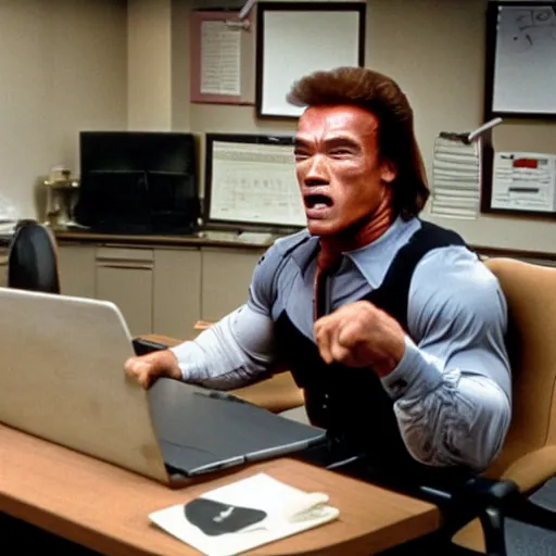 Image similar to arnold schwarzenegger as conan the barbarian sitting at a desk, as an office worker, in an office, inside an office building, sitting at a desk, angrily shouting and pointing at a laptop, laptop computer, crisp lighting, corporate photography