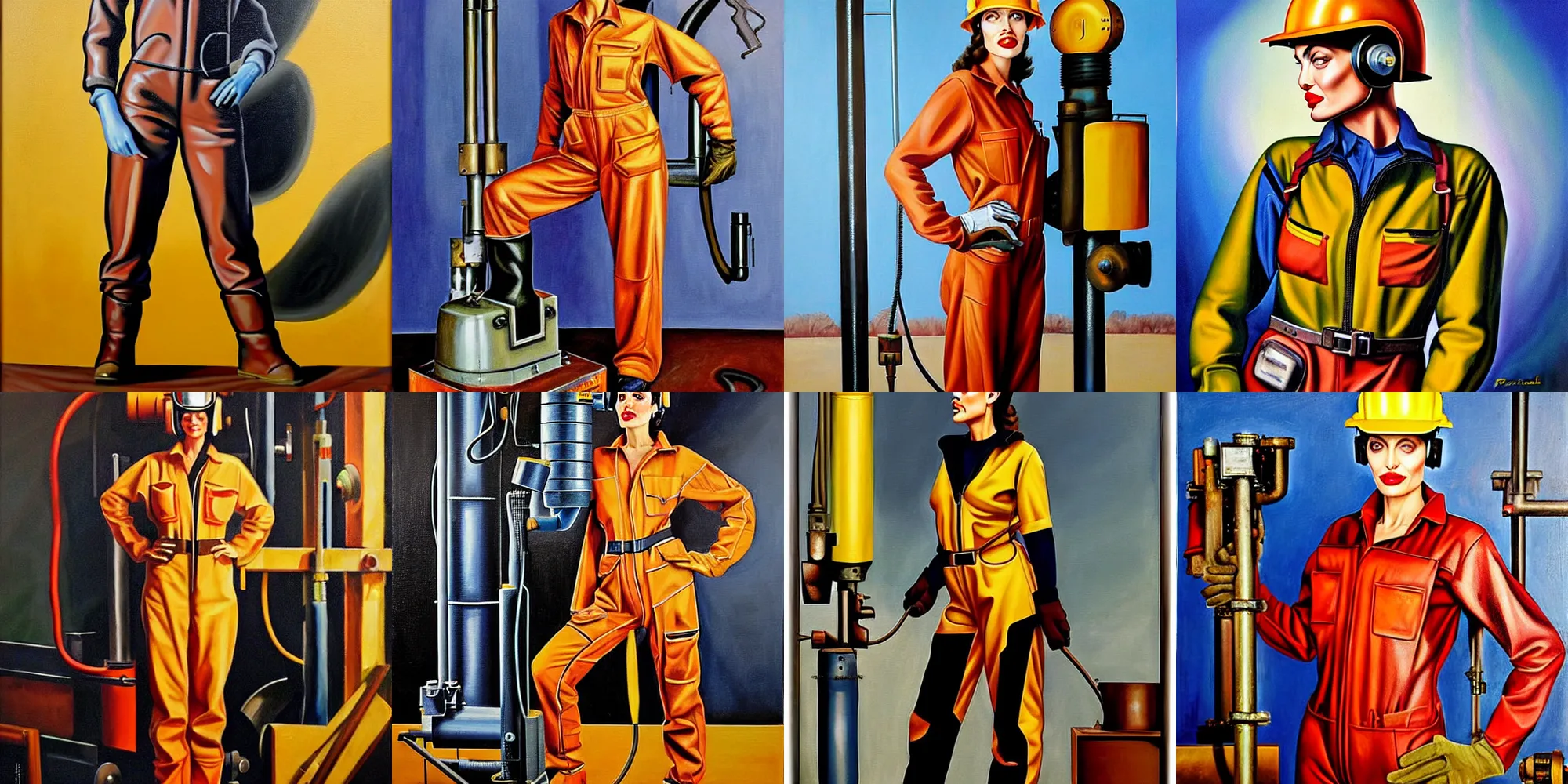 Prompt: symmetrical oil painting of full - body angelina jolie in steelworker welder costume by percevel rockwell - from 1 9 4 0 s