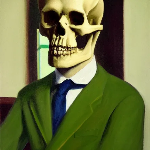 Image similar to a portrait painting of a man with a skull as his head, man is wearing a suit, the skull is green, in the style of edward hopper, 4 k,