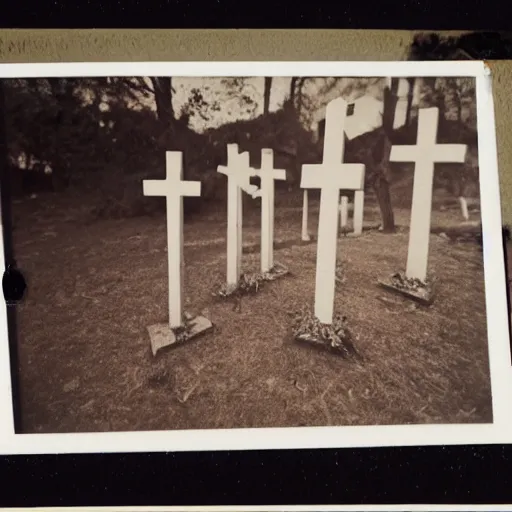 Image similar to occult sacrifice site, many crosses and effigies, taken with Polaroid camera with dark and dark ominous lighting