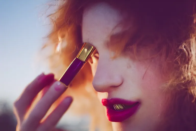 Prompt: photography, close-up of а woman\'s mouth with smeared lipstick , golden hour, 35mm, vintage, motion blur