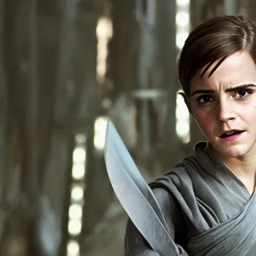 Prompt: emma watson as a jedi knight in battle, high high high quality