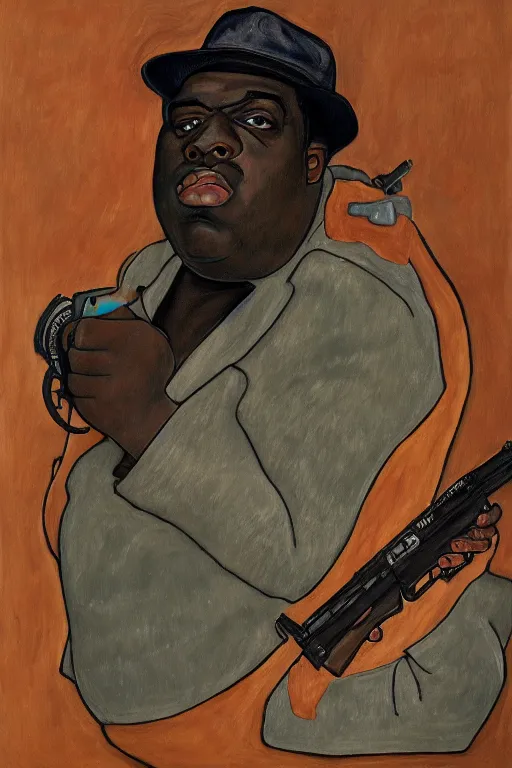 Prompt: a portrait of biggie smalls pointing a gun in style of egon schiele, masterpiece, hyperdetailed, complex, intricate, 4 k, trending on artstation