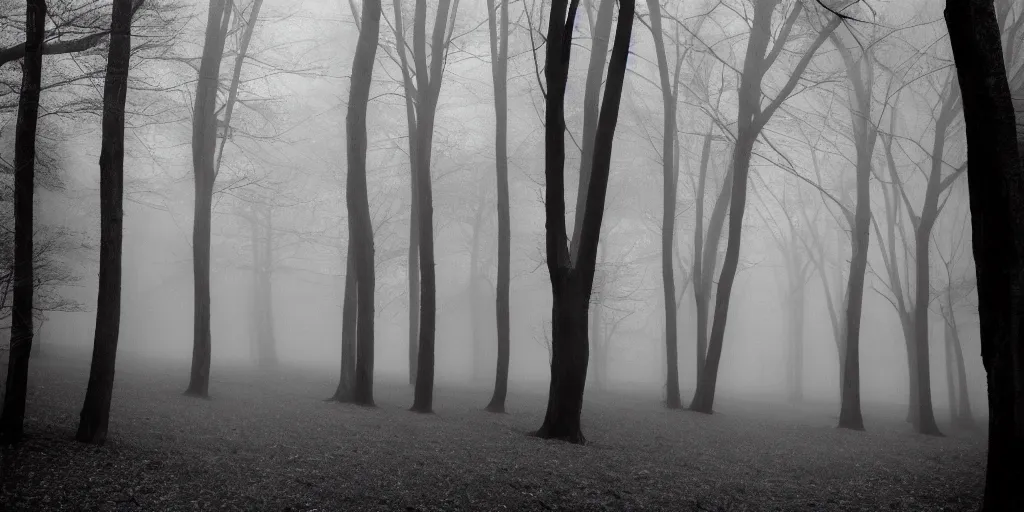 Image similar to dark creepy trees arching grayscale fog