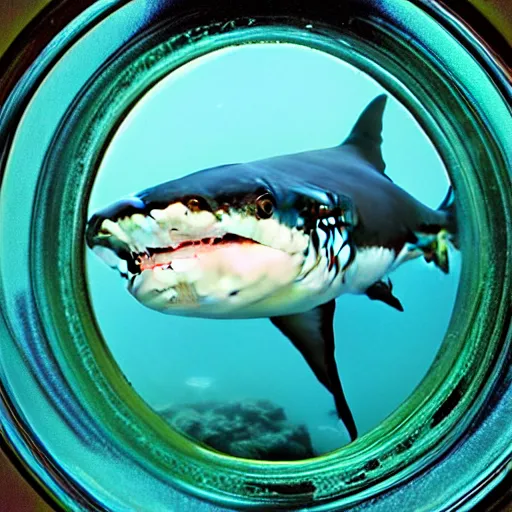 Image similar to Beautiful colored-photo cameraphone 2005 soft Photograph of Shark in a jar