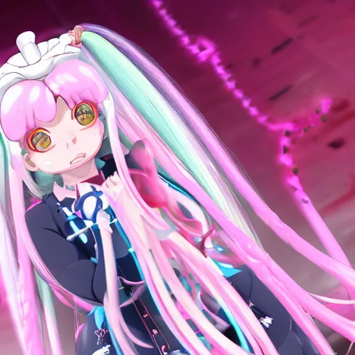 Prompt: omnipotent megalomaniacal anime goddess who looks like junko enoshima with symmetrical perfect face and porcelain skin, pink twintail hair and cyan eyes, looking down upon the viewer and taking control while smiling, mid view from below her feet taken in an extremely low angle, hyperdetailed, digital art, unreal engine 5, 2 d anime style, 8 k