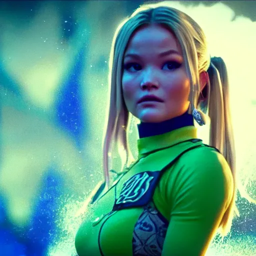 Image similar to cinematic scene with olivia holt as jolyne from jojo's bizarre adventure, live action film, stone ocean, dramatic, small details, volumetric lighting, still frame