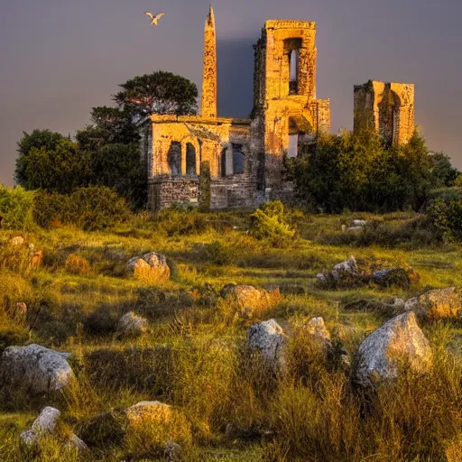 Prompt: an ancient sanctuary made of stone, abandoned, with big towers, white birds flying in the distance, vegetation covering parts of it, golden hour, mist