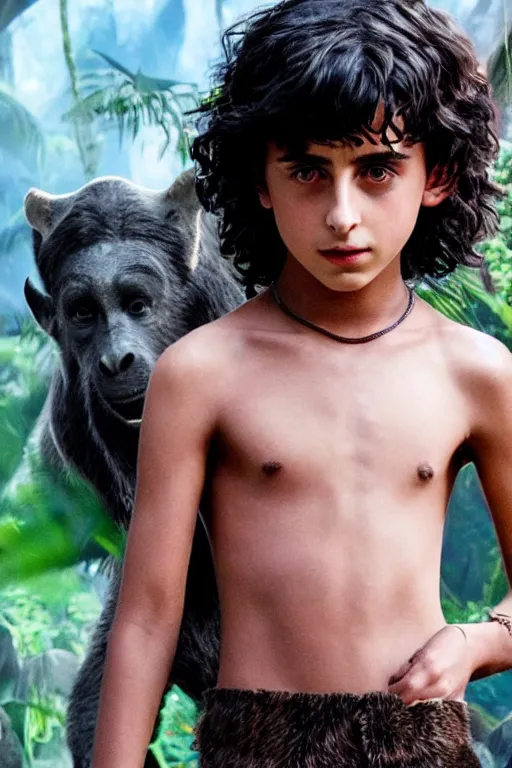 Image similar to young timothee chalamet plays mowgli in the live action adaptation of the jungle book, 3 5 mm photography, highly detailed, cinematic lighting, 4 k