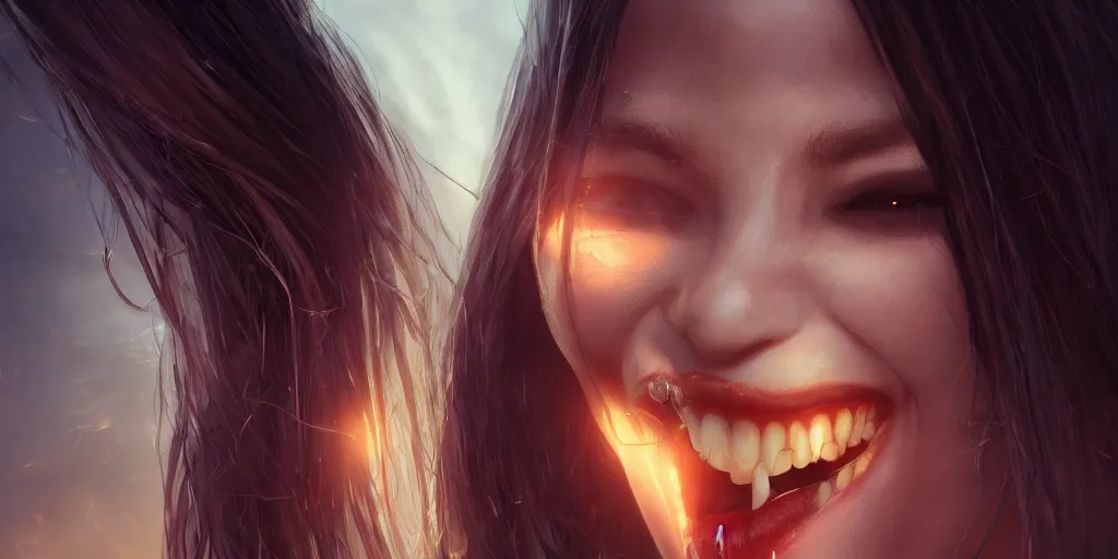 Image similar to a vampire girl smiling mysteriously, golden hour, fantasy, sharp focus, digital art, hyper realistic, 4 k, unreal engine, highly detailed, hd, dramatic lighting by brom, trending on artstation