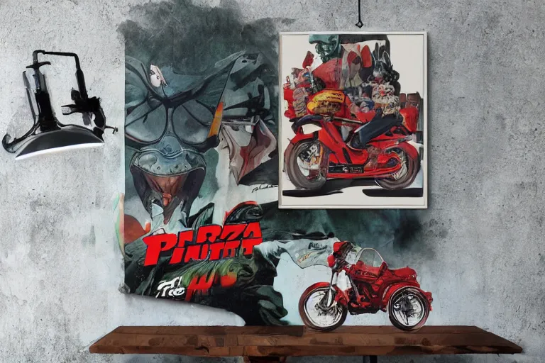 Image similar to pizza the hut, akira's motorcycle, gorillaz, poster, high quality