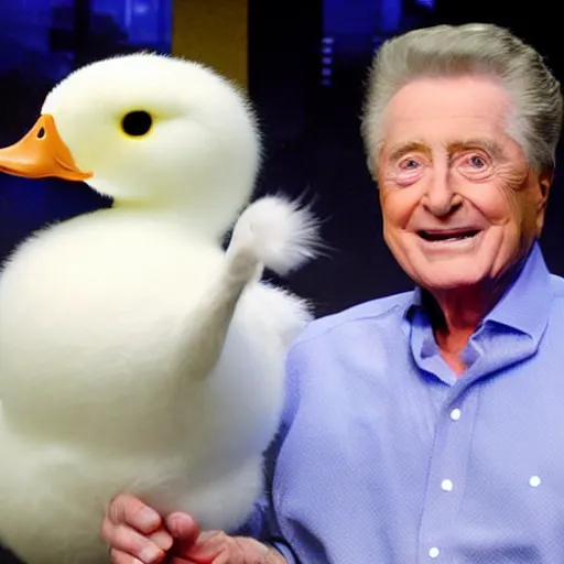 Image similar to regis philbin, holding a white duck