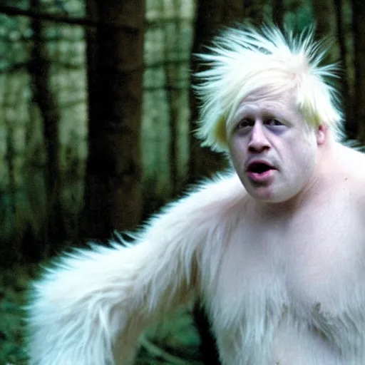 Prompt: boris johnson as an albino yeti realistic 3 5 mm candid shot forest