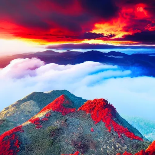 Image similar to a big red voluminous cloud, beautiful scenery, sun dawn, wild,