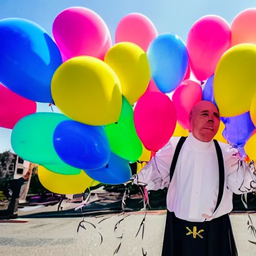 Image similar to a priest holding dozens of colorful balloons