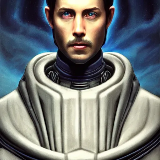 Image similar to realistic paul atreides emperor of the known universe, perfect dramatic and dark portrait by rabbitary b, trending on artstation, deviantart, dune, low angle oil painting and composition laws, dark foggy background, man with thin lines on the face, medium - long curly brown hair, completely blue eyes, denis villeneuve cinematography